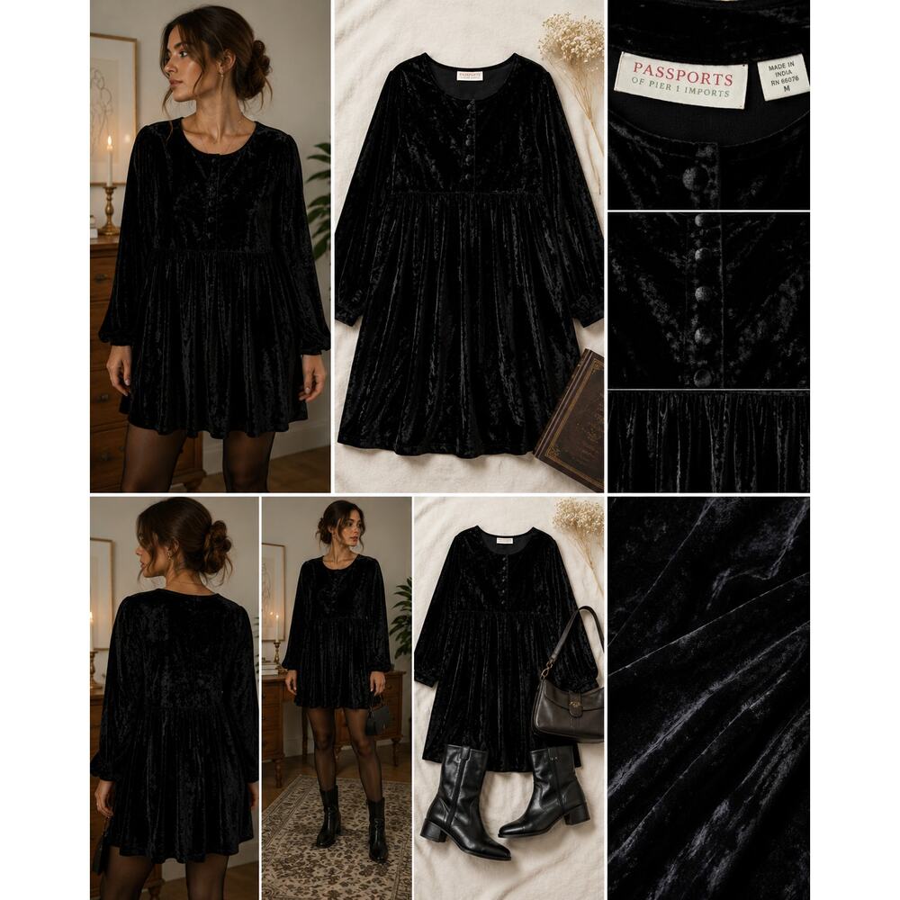 Vintage Passports of Pier 1 Black Crushed Velvet Babydoll Dress M ✨